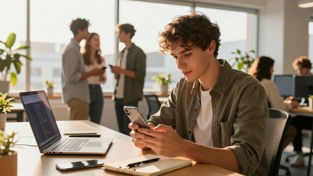 Jovem sentado numa mesa de escritório a usar telemóvel, com portátil, caderno e caneta à sua frente.