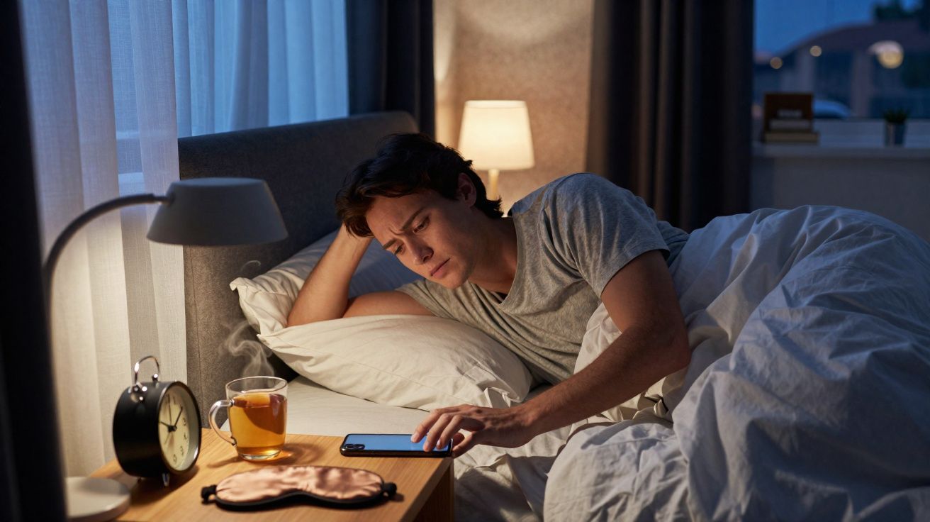 Homem deitado na cama a acordar, a olhar para o telemóvel ao lado de chá fumegante e despertador.