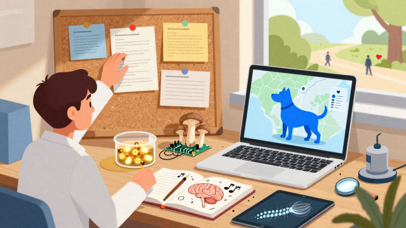 Pessoa a trabalhar num laboratório com computador e várias anotações relacionadas com cães e ciências.