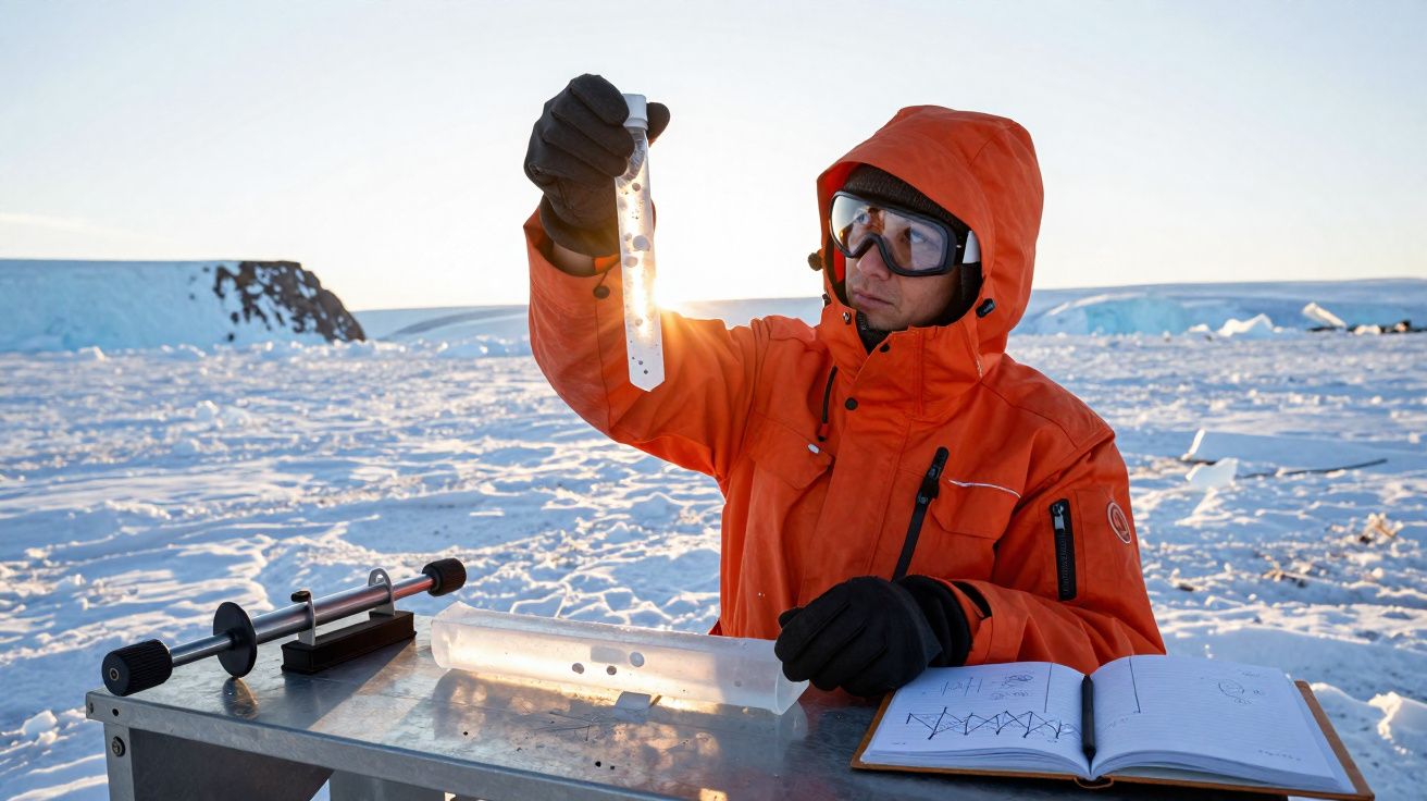 Investigador com roupa de frio segura tubo de ensaio enquanto analisa gelo num campo gelado.