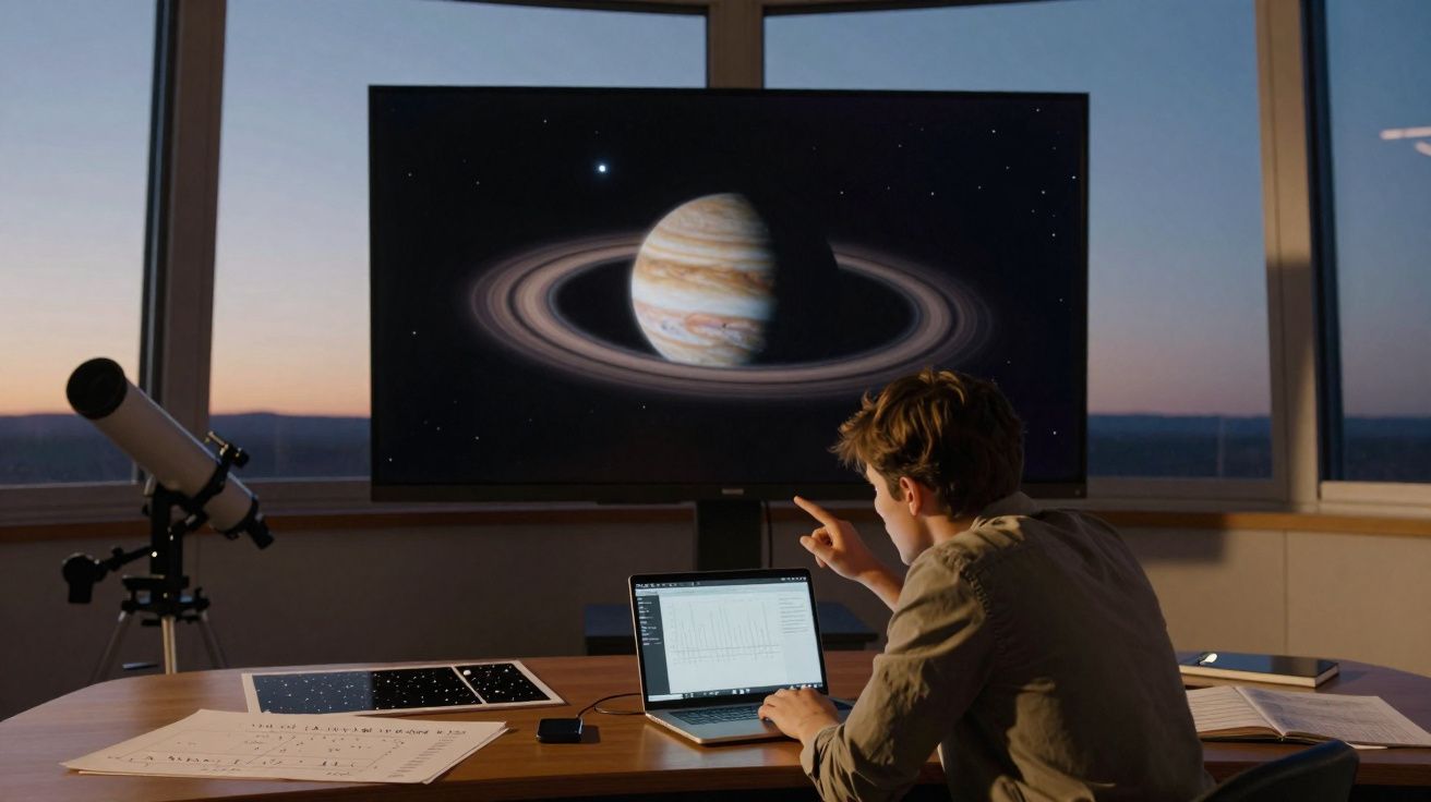 Jovem a estudar astronomia com telescópio e computador, e imagem do planeta Saturno numa tela grande.