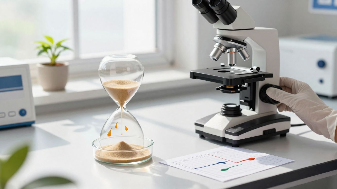 Relógio de areia, microscópio e gráfico numa bancada de laboratório com luz natural.