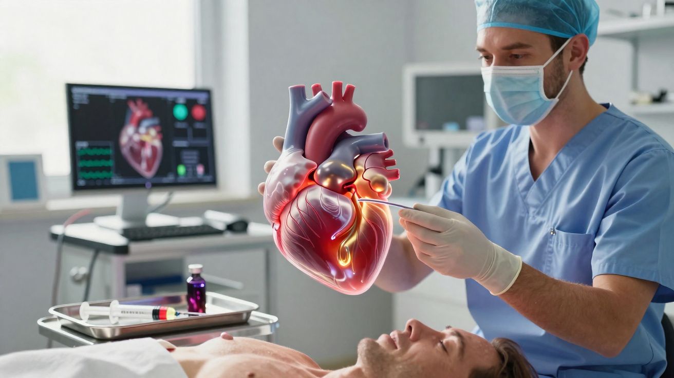 Médico em máscara e luvas examina modelo digital de coração acima de paciente deitado para avaliação cardíaca.