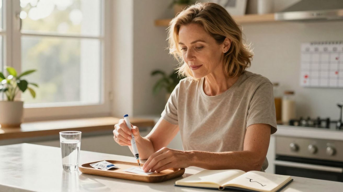 Mulher sentada à mesa a preparar uma injeção, com caderno aberto e copo de água à frente na cozinha.
