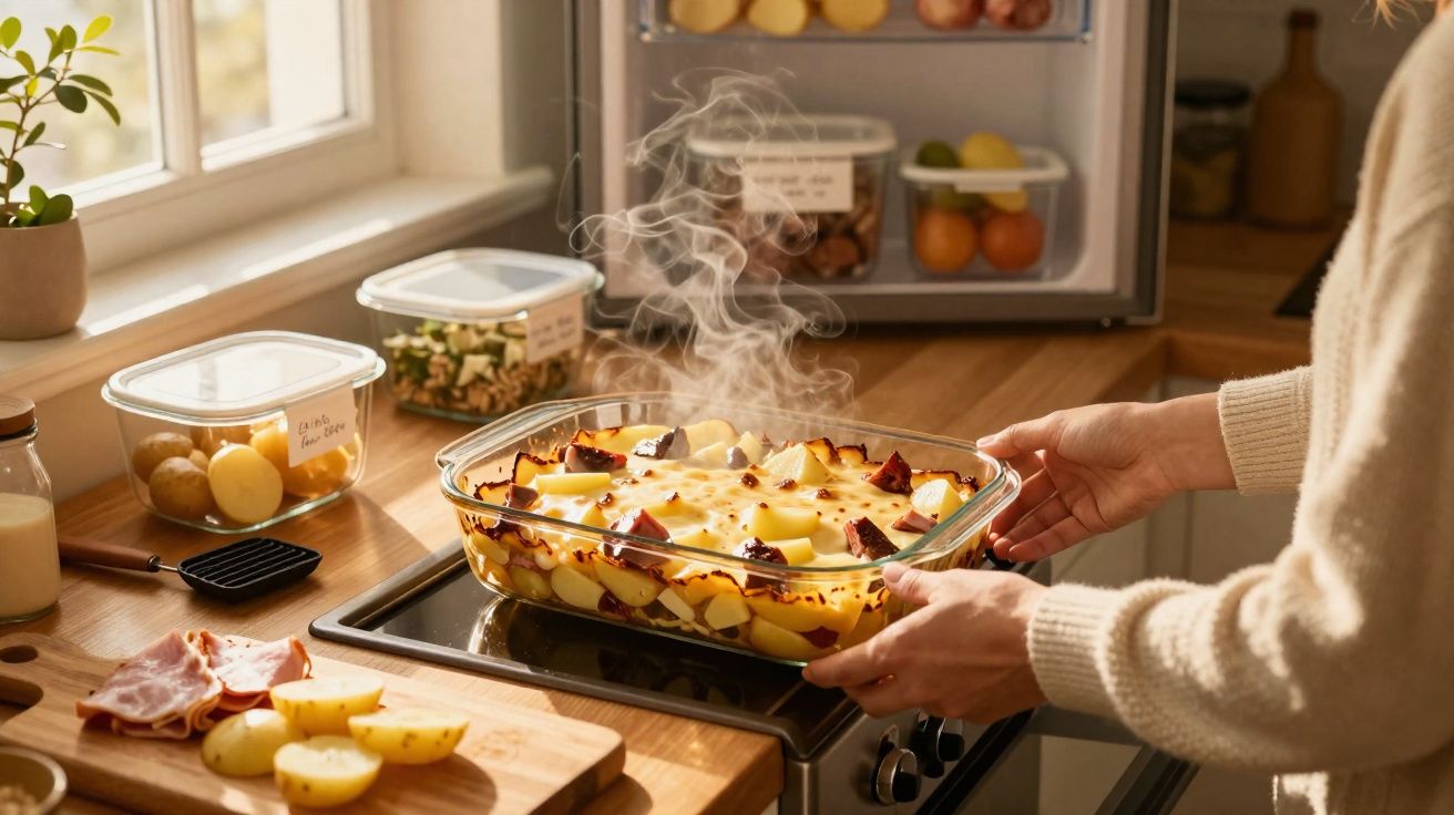 Mãos a retirar do forno uma travessa de batatas gratinadas com vapor a sair na cozinha acolhedora.