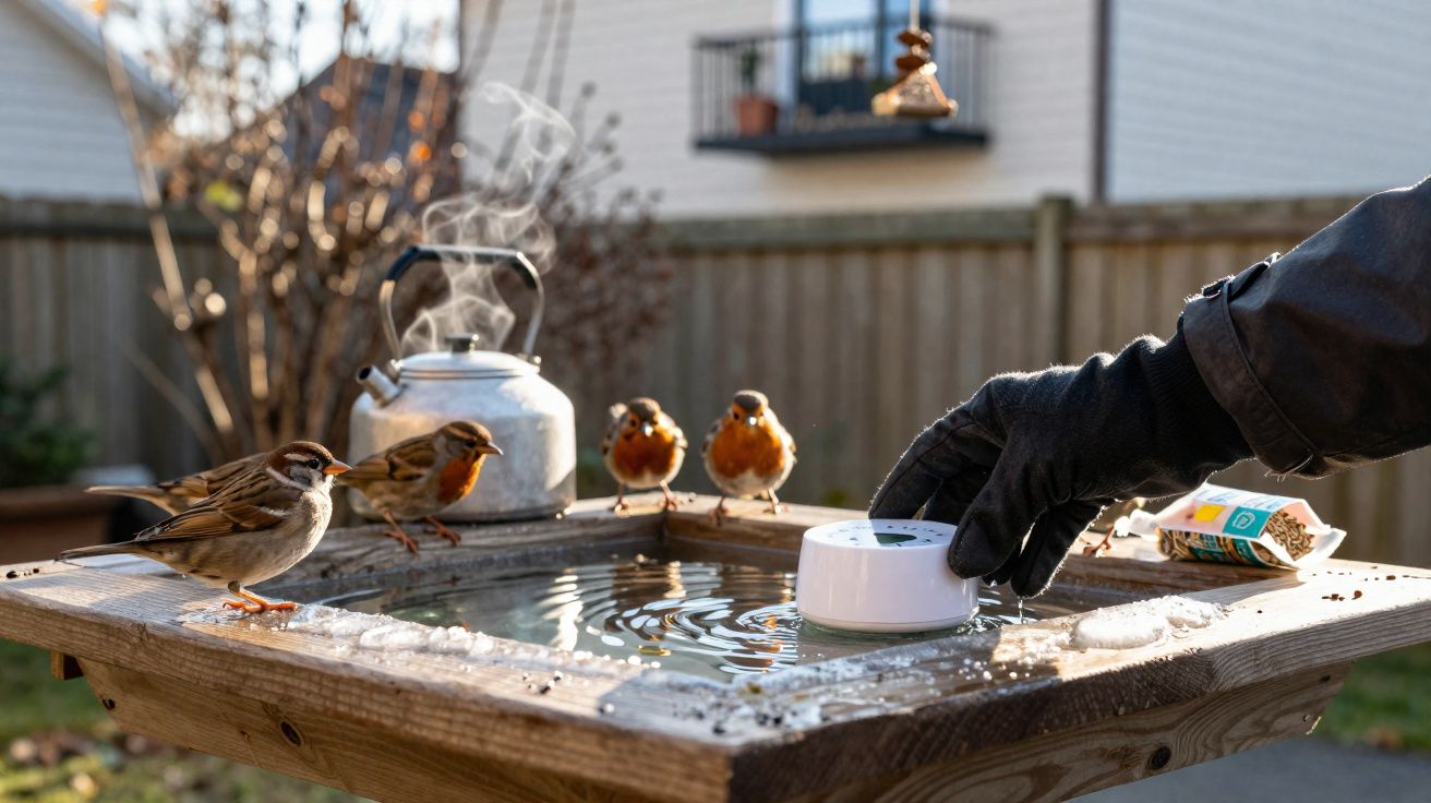 Pássaros pousados numa bebedouro com gotas de gelo, com mão com luva preta ajustando dispositivo sobre a água.