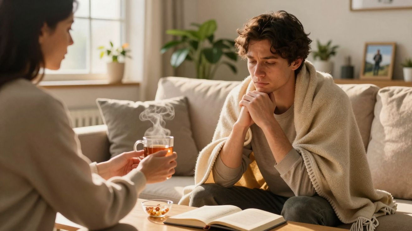 Homem com manta sentado no sofá a receber uma chávena de chá quente de uma mulher numa sala luminosa.