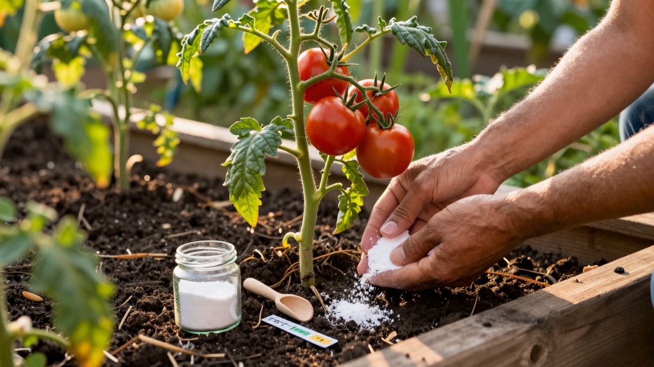 Pessoa a espalhar fertilizante em planta de tomate com tomates vermelhos maduros num canteiro.
