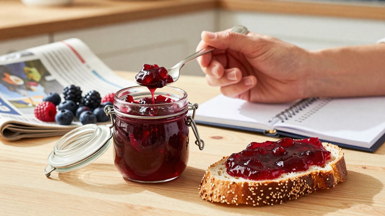 Pote de compota vermelha caseira, fatia de pão com compota e mão a servir com colher numa mesa de madeira.