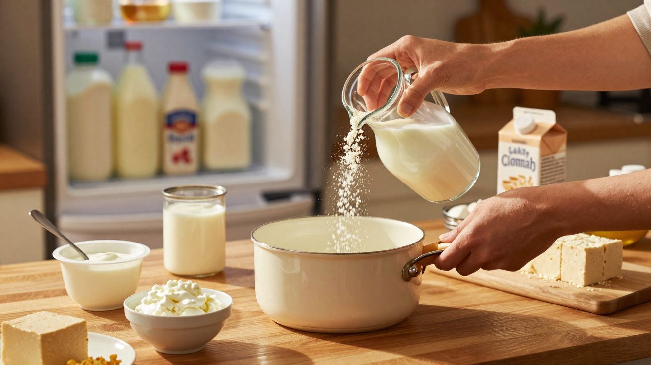 Pessoa a verter leite num tacho numa cozinha com vários produtos lácteos numa bancada de madeira.