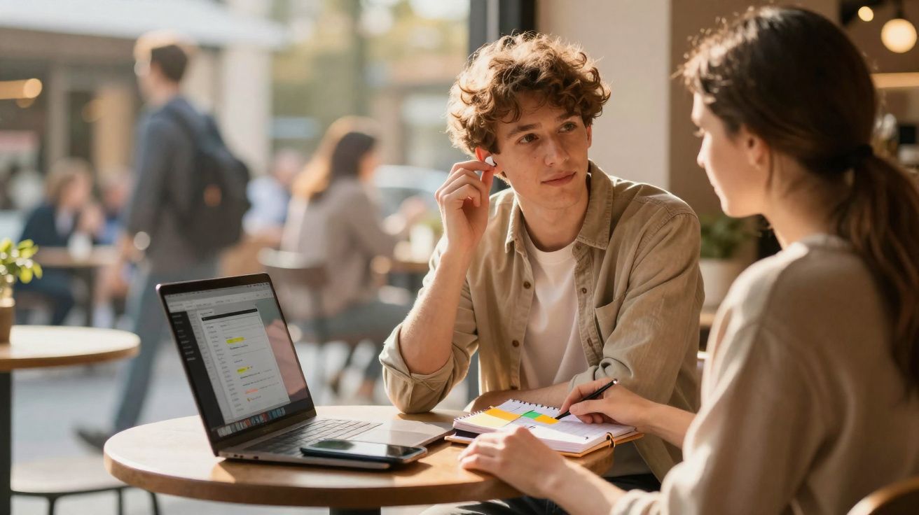 Duas pessoas a discutir negócios numa esplanada com computador portátil e caderno numa mesa redonda.