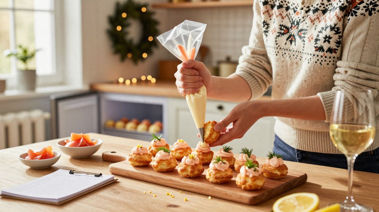 Pessoa a decorar pequenos profiteroles com creme num ambiente de cozinha aconchegante decorada para Natal.