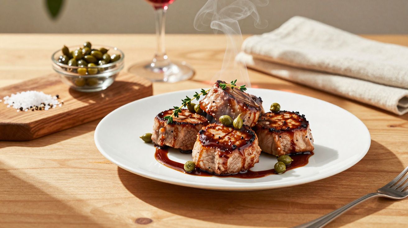 Prato com quatro medalhões de carne grelhada, molho escuro, alcaparras e ramo de tomilho, numa mesa de madeira.