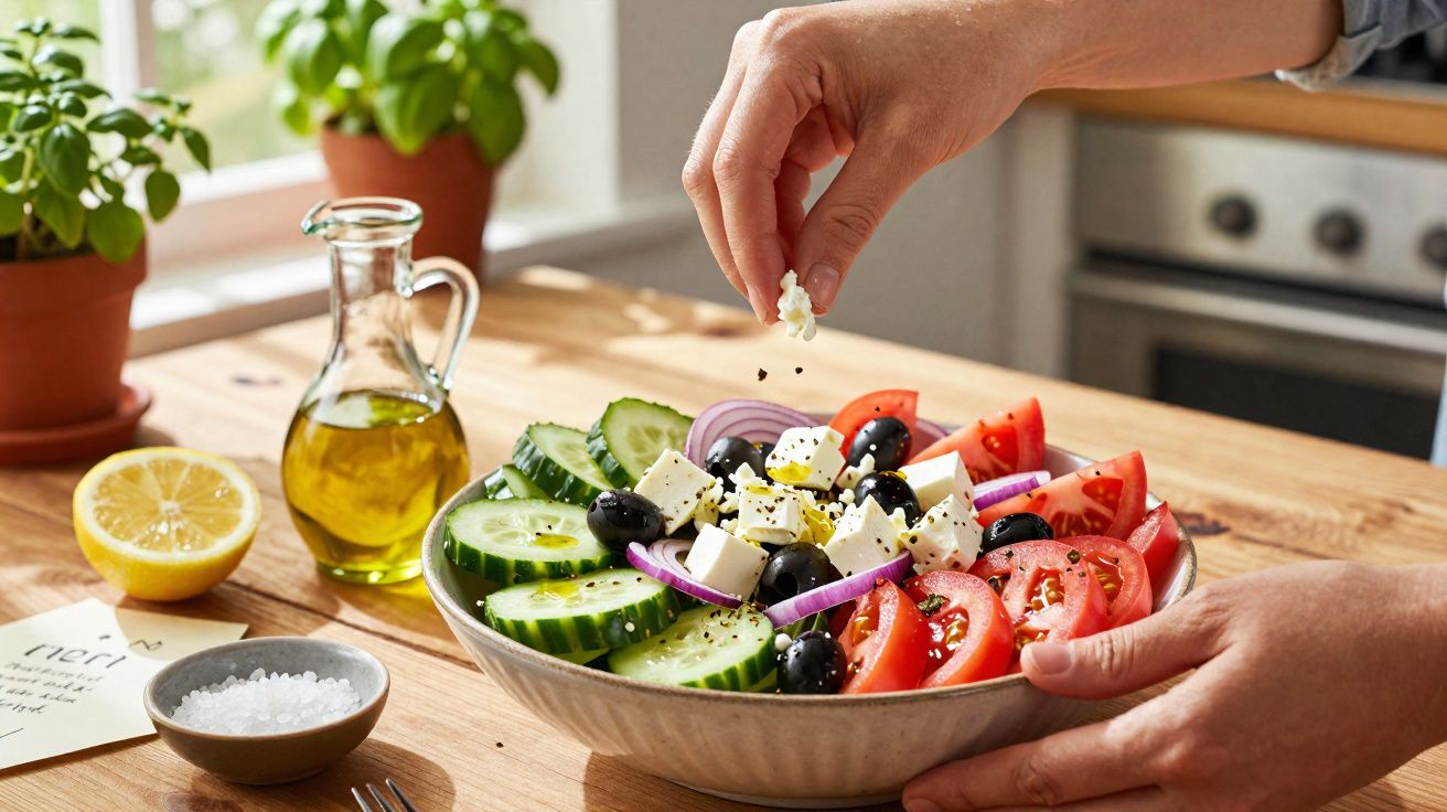 Mãos a temperar salada grega com tomate, pepino, cebola, azeitonas pretas e queijo feta numa tigela.