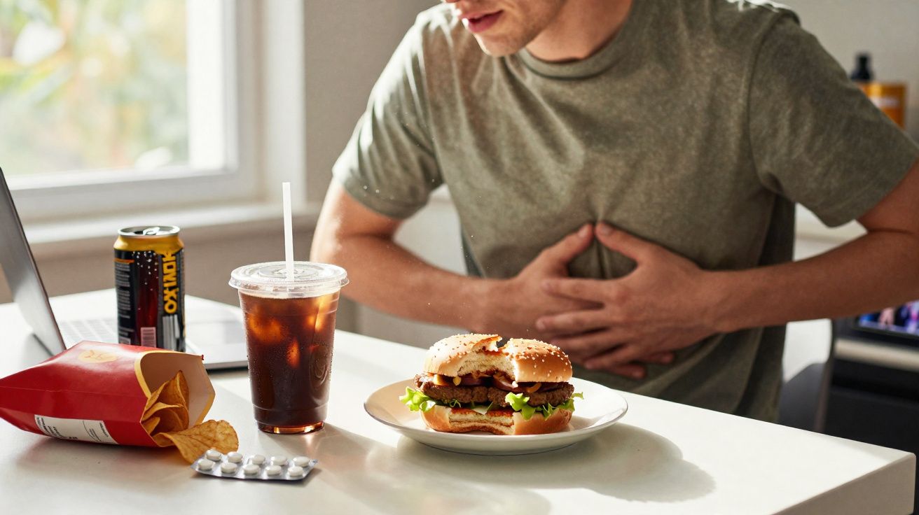 Homem a segurar o estômago com expressão de dor, com hambúrguer, batatas fritas, bebida e comprimidos à frente.