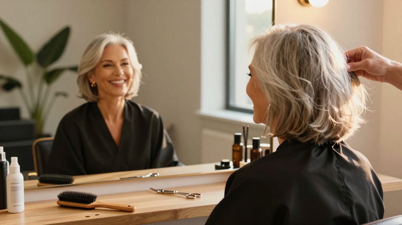 Mulher sorridente com cabelo cinza curto sentada num salão a olhar-se ao espelho enquanto cabeleireiro arruma o cabelo.