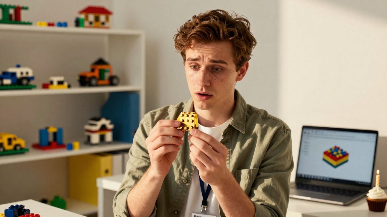 Homem jovem a tentar montar uma peça de Lego amarelo, com expressão de concentração no escritório.