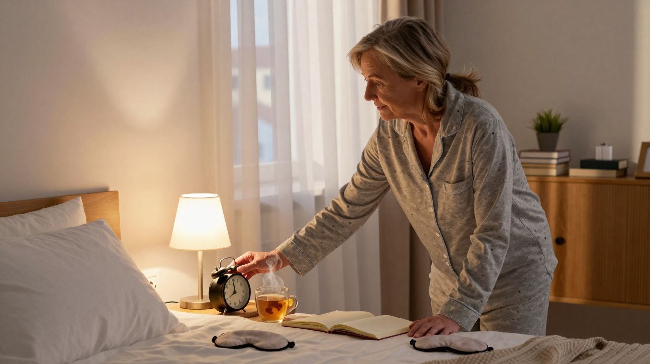 Mulher de pijama apaga despertador numa mesa de cabeceira ao lado da cama com chá e livro.