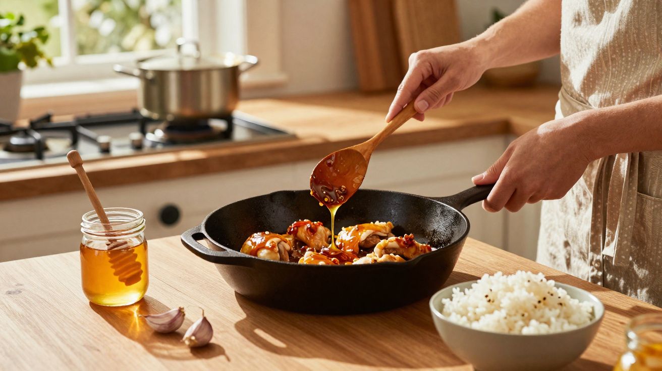 Pessoa a cozinhar frango num tacho, regando com molho, com arroz, mel e dentes de alho na bancada.