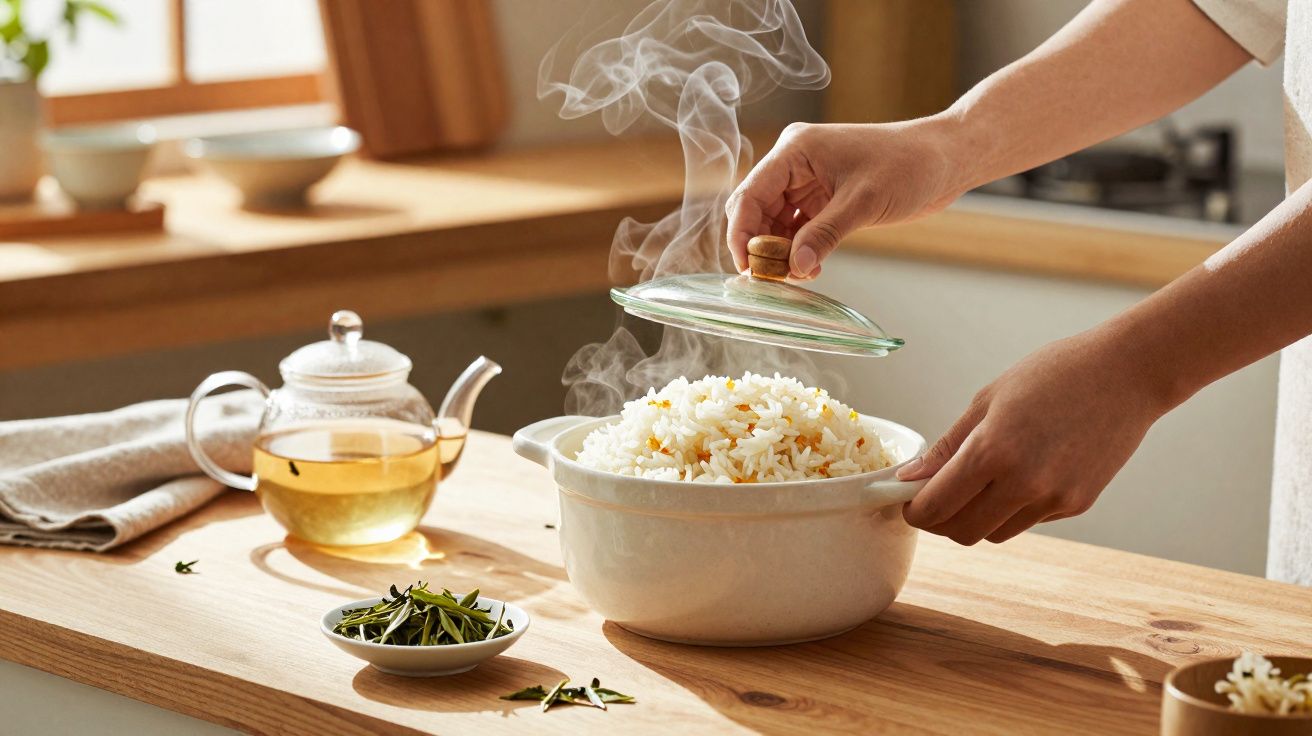 Mãos a levantar tampa de panela com arroz fumegante numa cozinha luminosa e elegante.