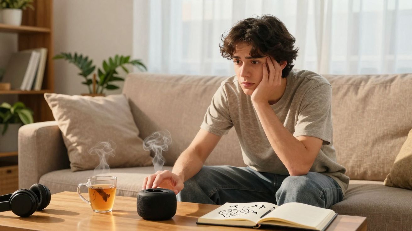 Jovem sentado no sofá com expressão pensativa, ajusta coluna de som, chá fumegante e livro aberto na mesa.