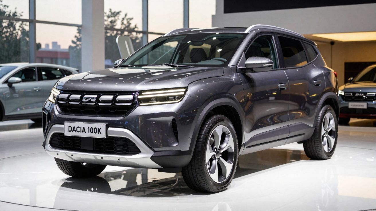 SUV elétrico Dacia 100K cinzento exposto em salão automóvel moderno.