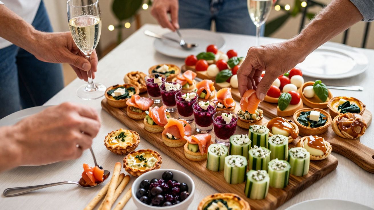 Mesa com petiscos variados, incluindo salmão, legumes, queijos e azeitonas, e pessoas a pegar comida e vinho.