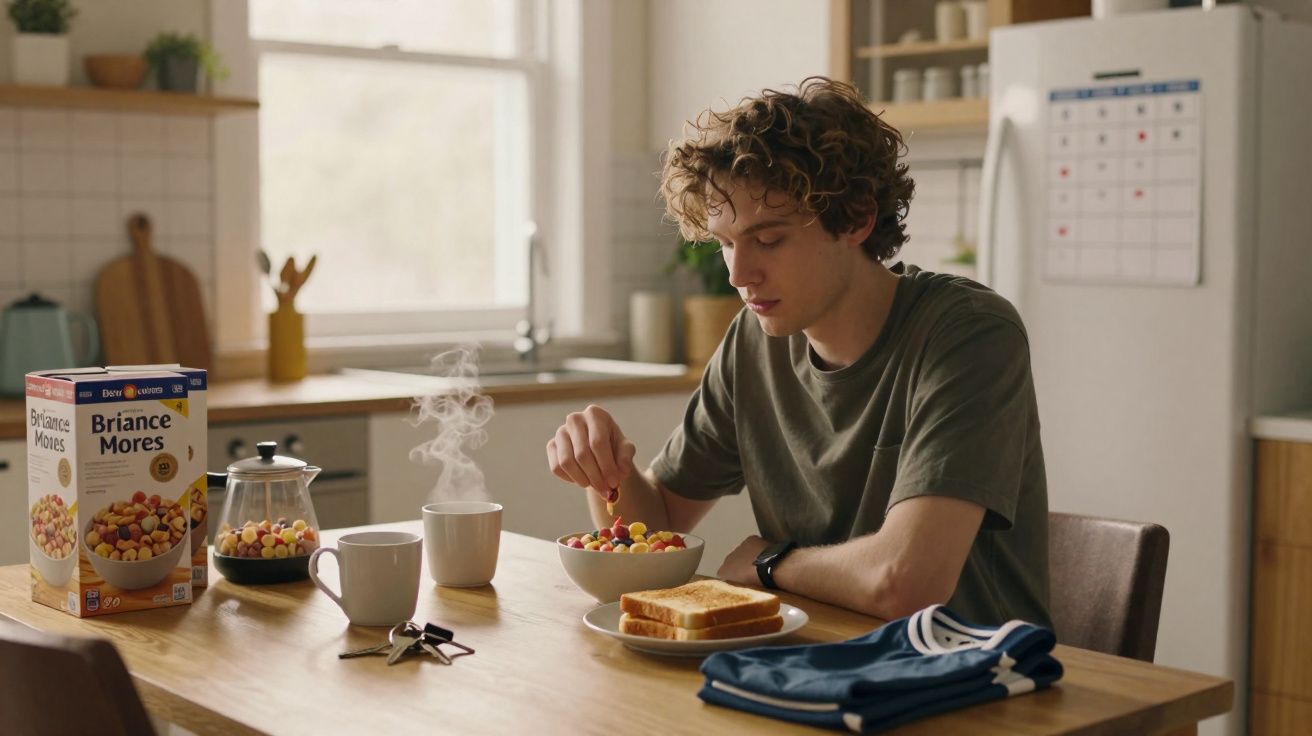 Jovem sentado à mesa a comer cereais com torradas e chá numa cozinha luminosa durante a manhã.