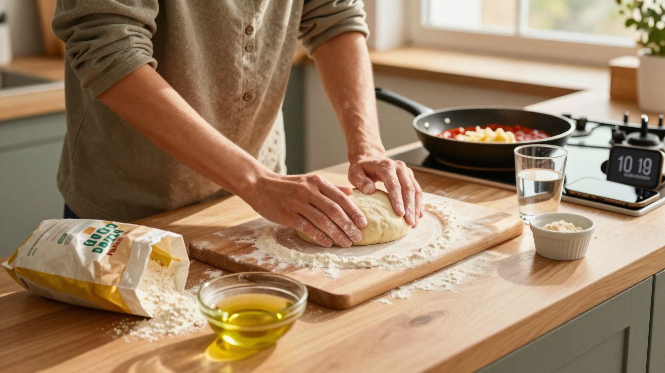 Pessoa a amassar massa sobre tábua de madeira numa cozinha moderna com ingredientes e frigideira ao fundo.