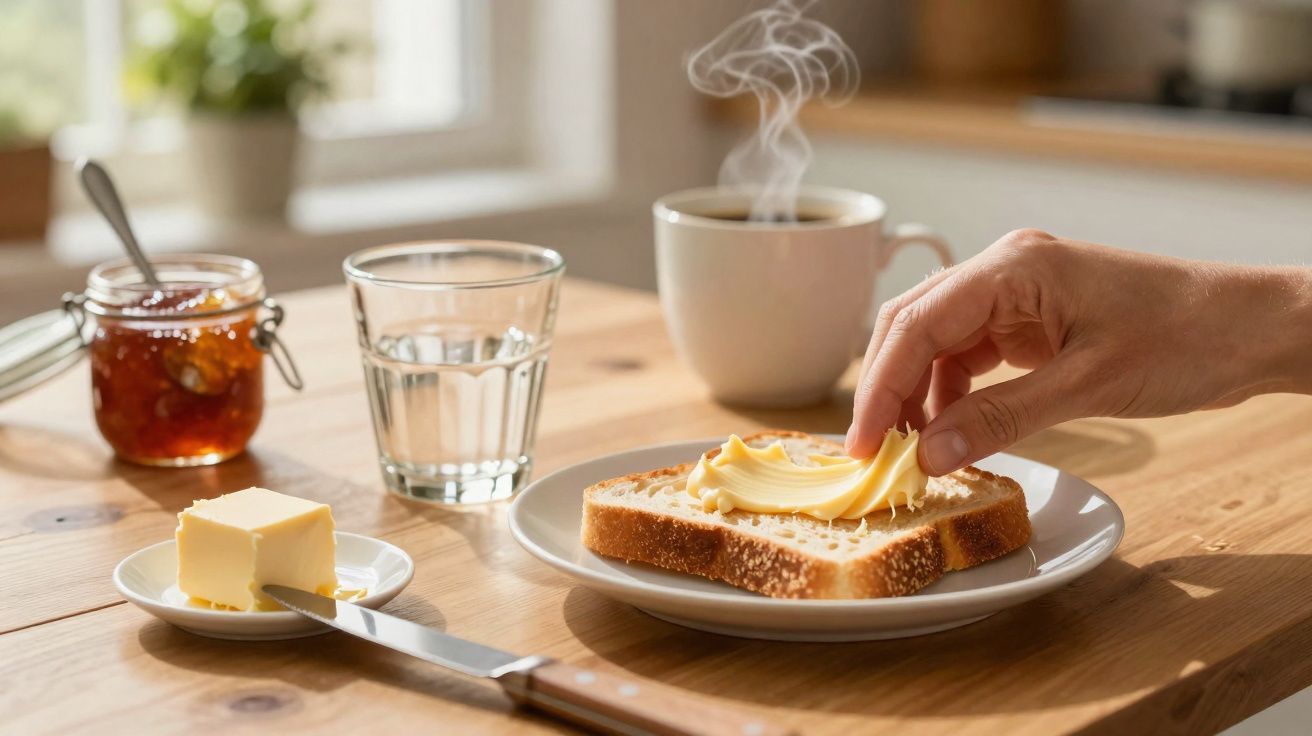 Mesa com torrada a ser barrada com manteiga, chá quente, copo de água, cubo de manteiga e frasco de compota.
