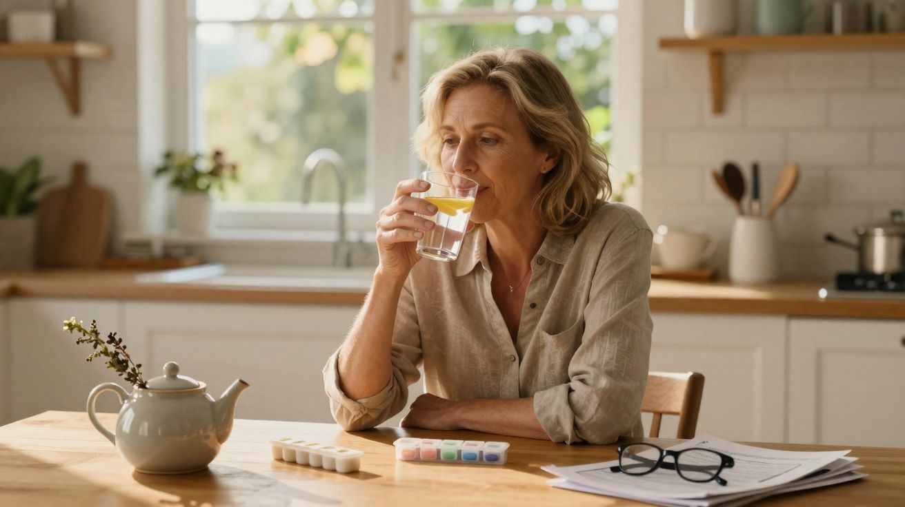 Mulher madura a beber um copo de água com limão na cozinha, com medicamentos e óculos sobre a mesa.