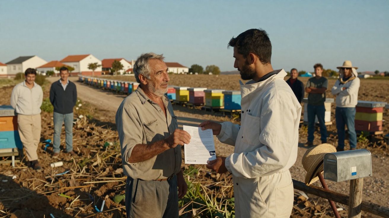 Agricultor a entregar documento a apicultor junto a colmeias, com outras pessoas ao fundo numa zona rural.