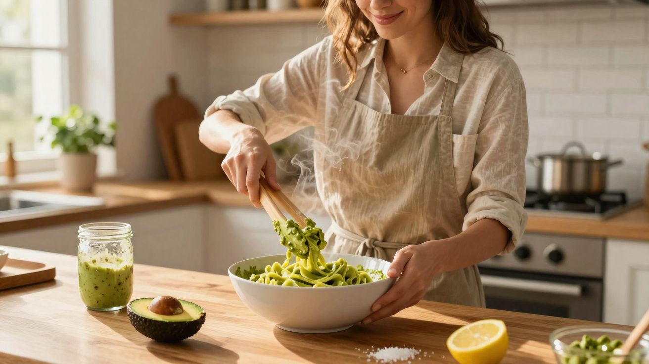 Mulher a servir massa verde num bowl branco numa cozinha luminosa e acolhedora.