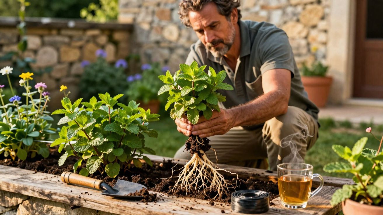 Homem a transplantar planta aromática com raízes expostas numa caixa de madeira num jardim.