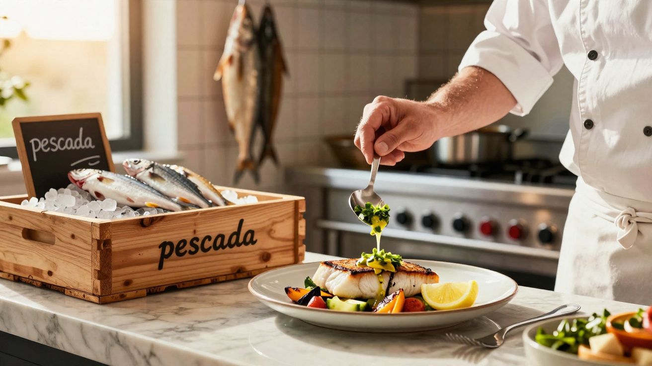 Chef a decorar prato com peixe grelhado e legumes numa cozinha profissional com caixa de pescada.