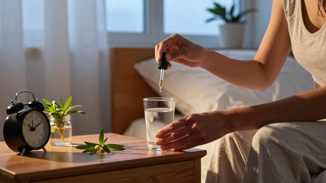 Pessoa a colocar gotas em copo de água sobre mesa de cabeceira com relógio e planta em quarto.