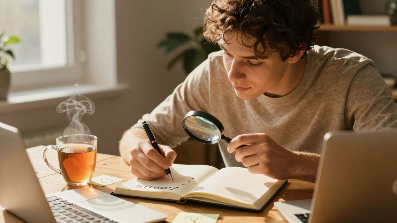 Jovem a usar lupa para escrever a palavra "GORDOS" num caderno, com chá e computadores na mesa.