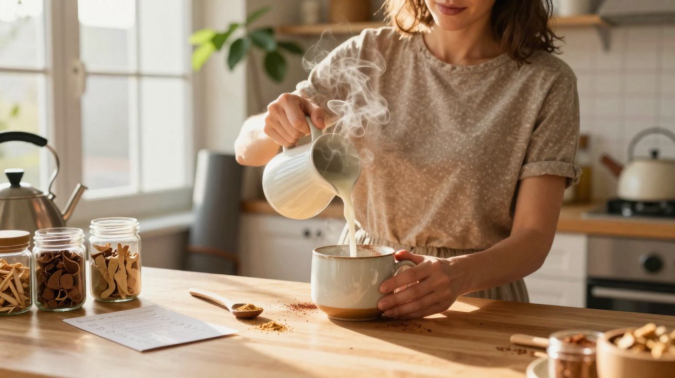 Mulher a verter leite quente numa chávena numa cozinha iluminada e acolhedora com utensílios e ingredientes.