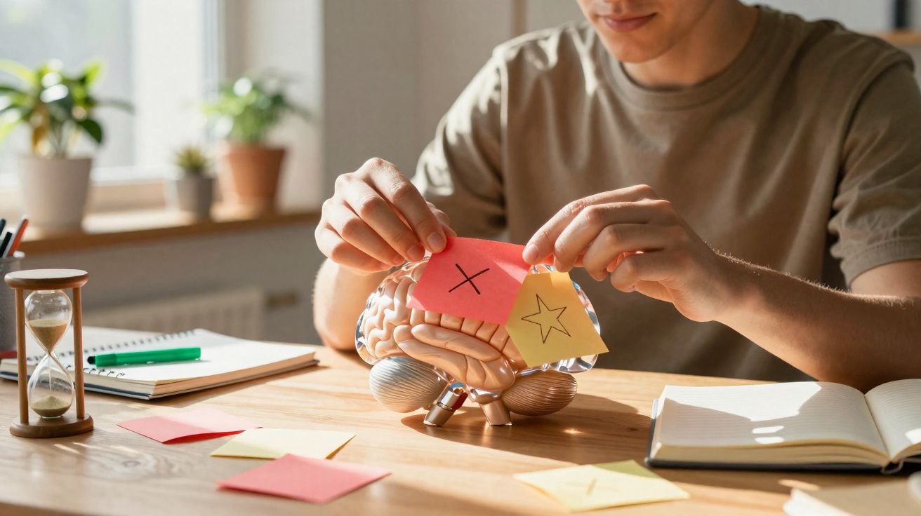 Pessoa a colocar notas adesivas com símbolos num modelo anatómico de cérebro numa mesa de estudo iluminada.