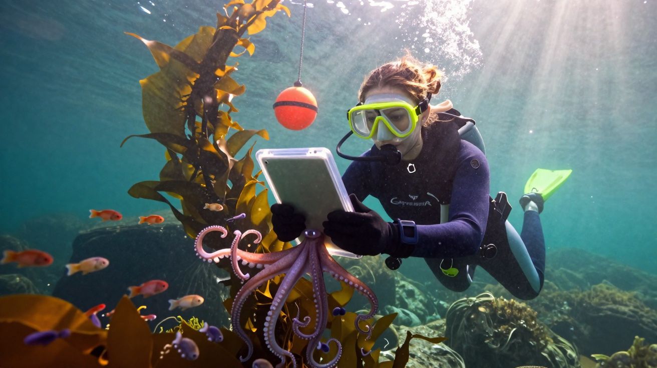 Mergulhadora com máscara e fato de neoprene segura tablet enquanto polvo agarra-o no fundo do mar junto a peixes e algas.