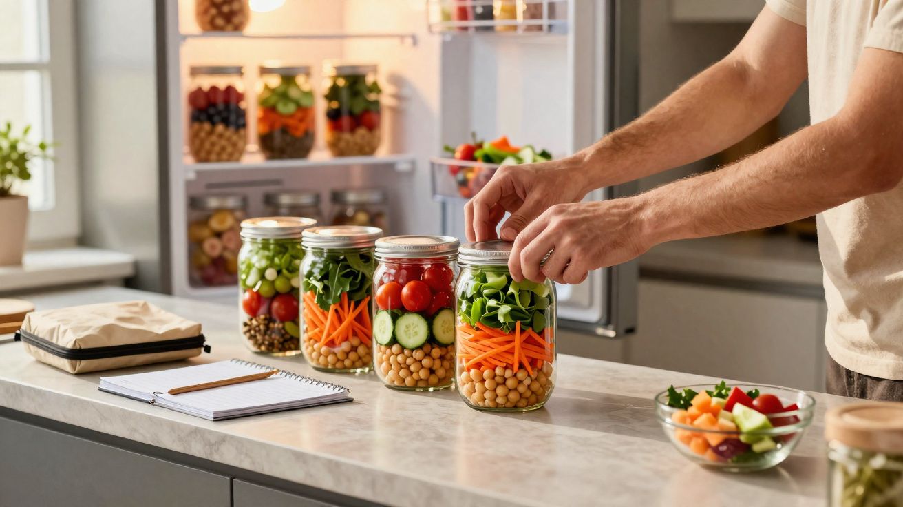 Pessoa a fechar frascos com salada de legumes frescos numa cozinha moderna com frigorífico aberto ao fundo.