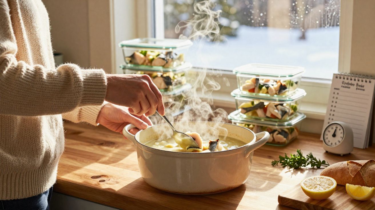 Pessoa a servir sopa quente num tacho branco numa cozinha com luz natural e recipientes de vidro empilhados.