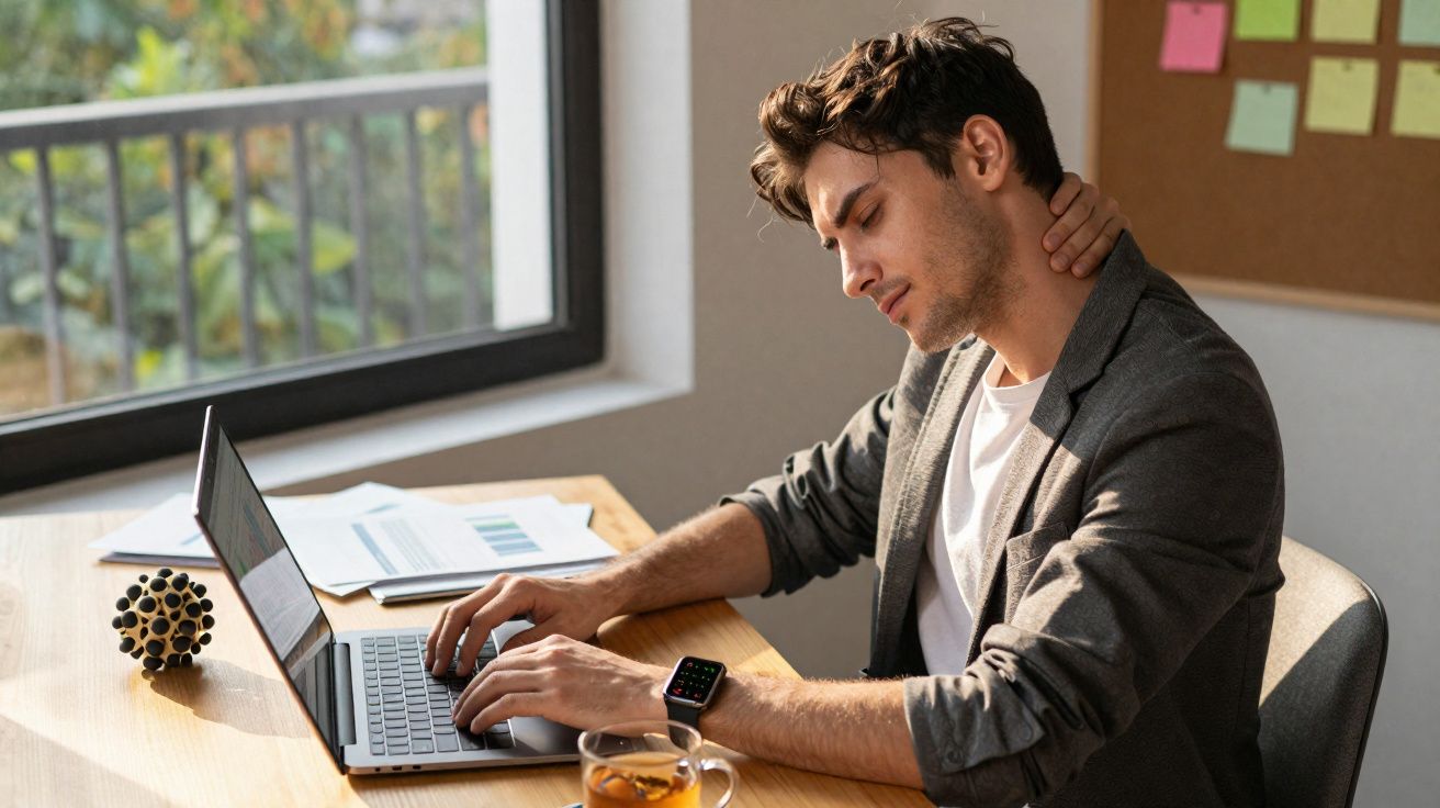 Homem sentado no escritório com dor no pescoço enquanto trabalha no computador portátil.