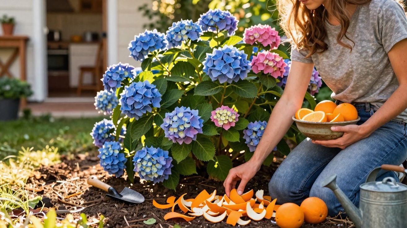 Mulher a apanhar cascas de laranjas no jardim junto a flores de hortênsias coloridas.