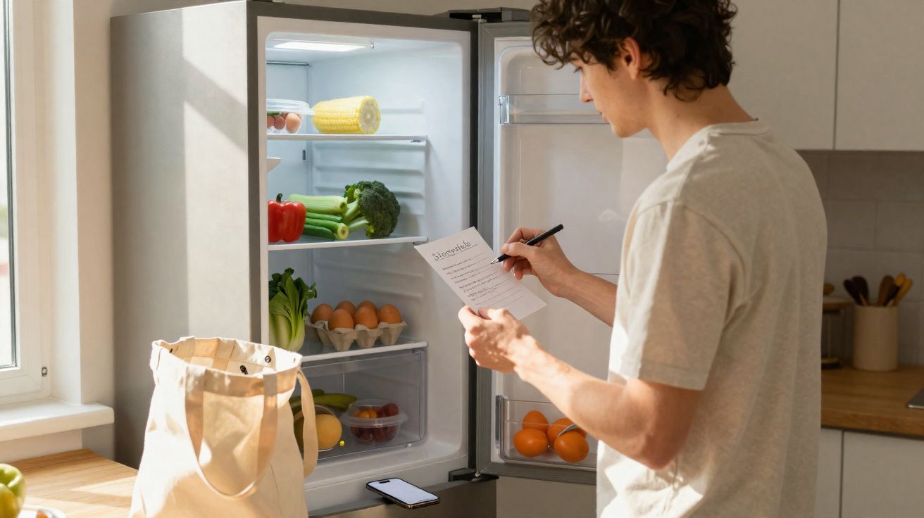 Pessoa verifica lista de compras junto a frigorífico aberto com alimentos frescos na cozinha iluminada.