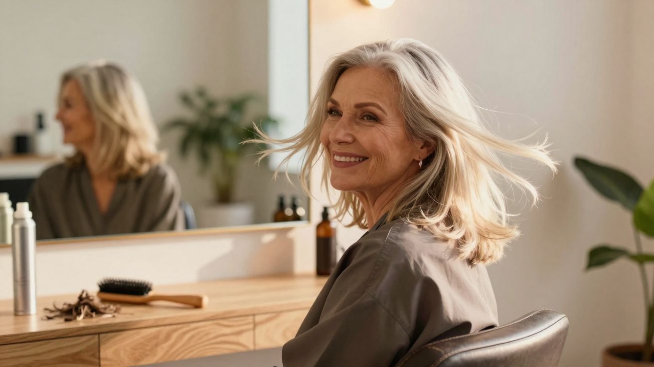 Mulher sénior com cabelo cinza ao vento sentada numa cadeira à frente de um espelho num salão de beleza.