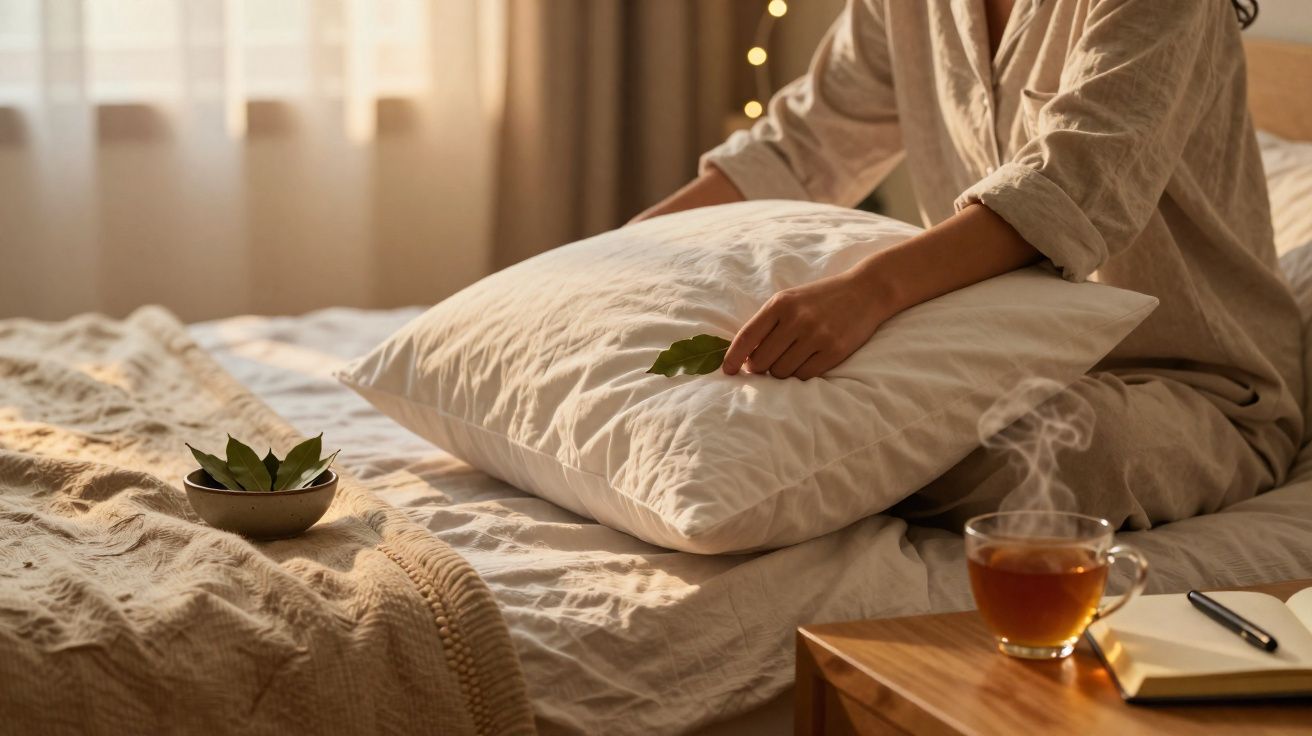 Pessoa sentada na cama segurando uma folha sobre uma almofada, chá quente e caderno numa mesa de cabeceira.