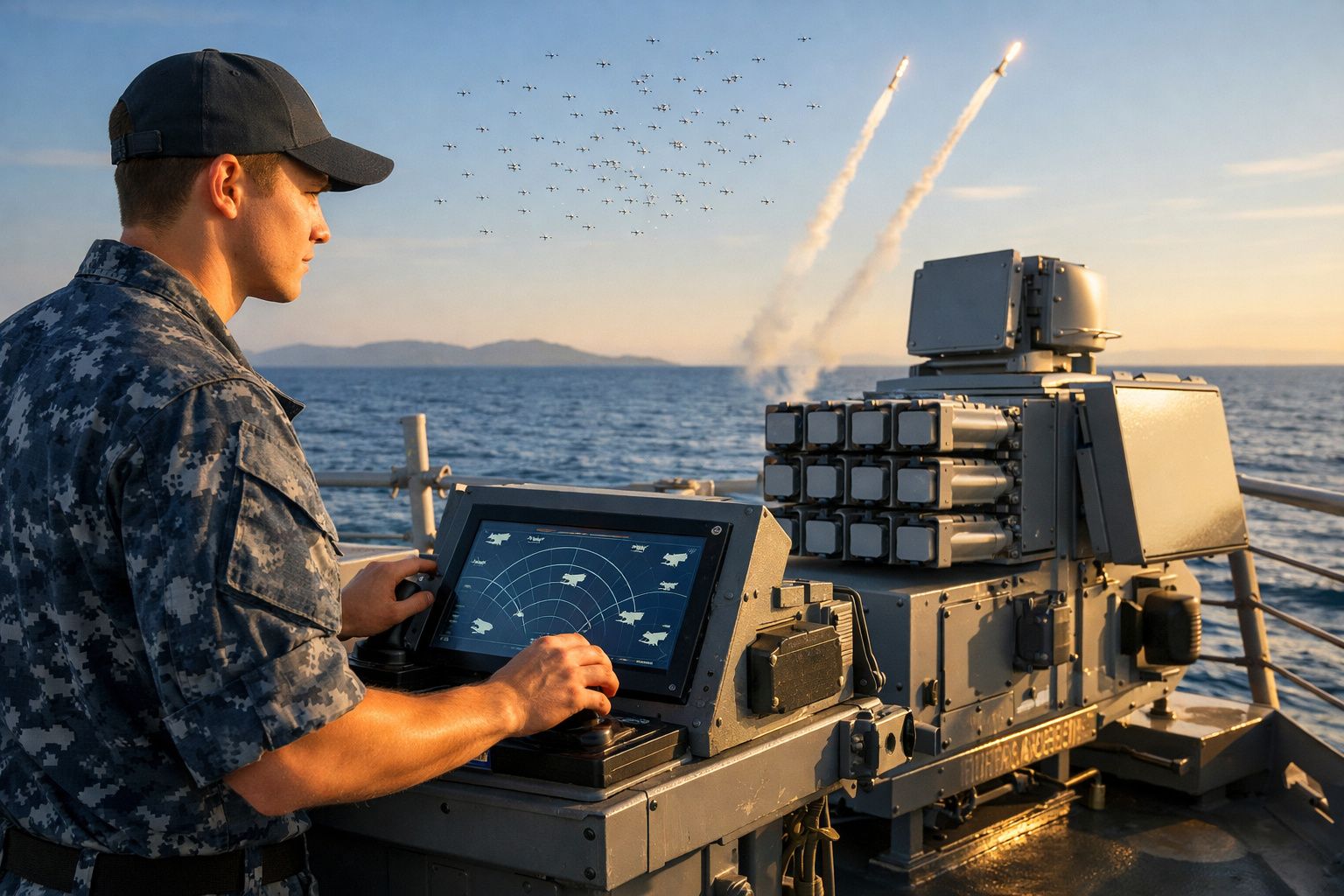 Militar naval a operar sistema de controlo de defesa antimísseis a bordo de um navio no mar ao pôr do sol.