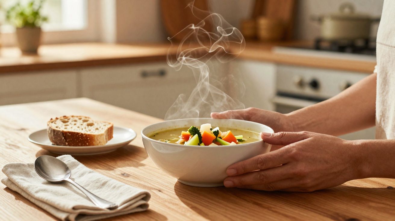 Mãos seguram tigela com sopa quente e legumes na mesa de madeira com pão e colher ao lado.
