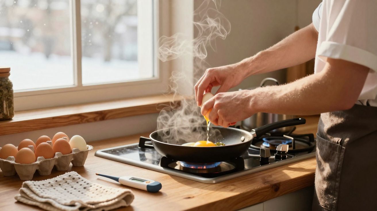 Pessoa a partir ovos numa frigideira para cozinhar no fogão a gás numa cozinha iluminada por luz natural.